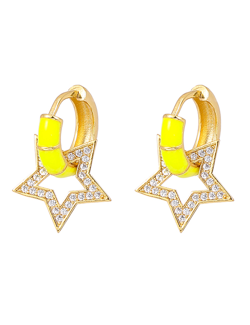 Fashion Yellow Copper Inlaid Zircon Drop Oil Pentagram Stud Earrings