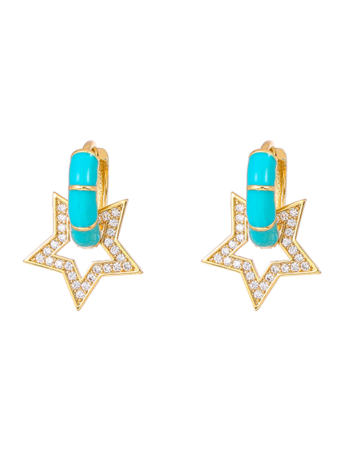 Fashion Blue Copper Inlaid Zircon Drop Oil Pentagram Stud Earrings
