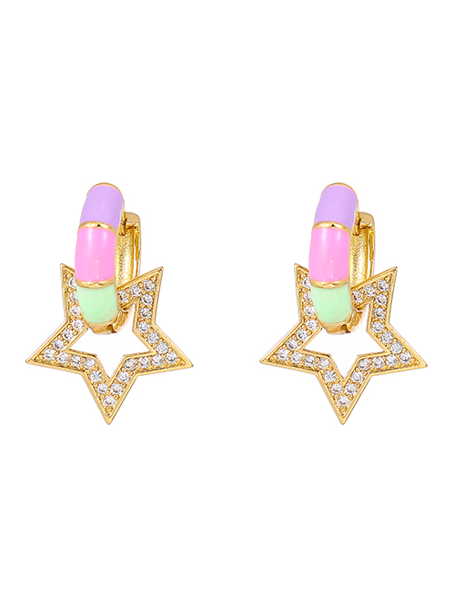 Fashion Color Copper Inlaid Zircon Oil Drop Five-pointed Star Stud Earrings