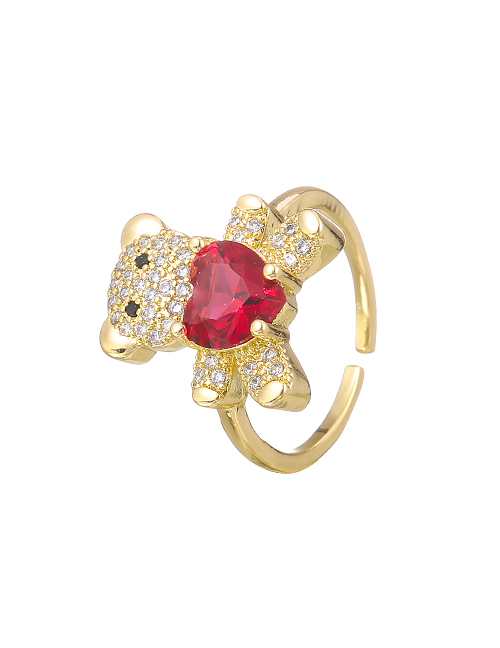 Fashion Red Copper Inlaid Zircon Bear Love Ring