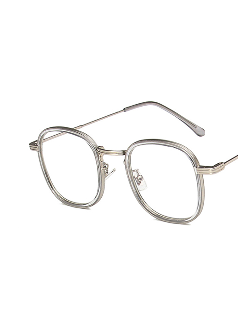 Fashion Silver Frame Gray Circle Tortoiseshell Metal Flat Glasses Frame