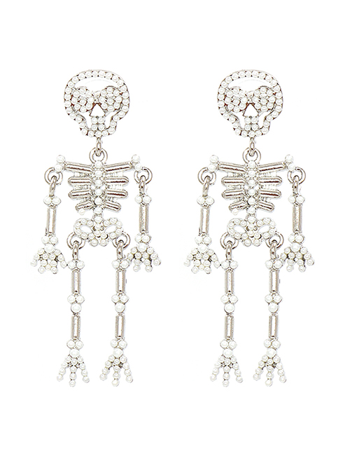 Fashion Silver Halloween Pearl Skull Stud Earrings