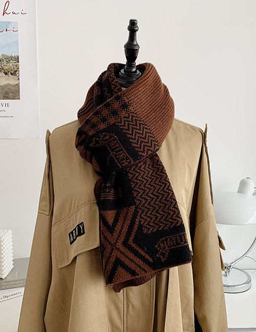 Fashion Coffee Wavy Printed Wool Knitted Scarf