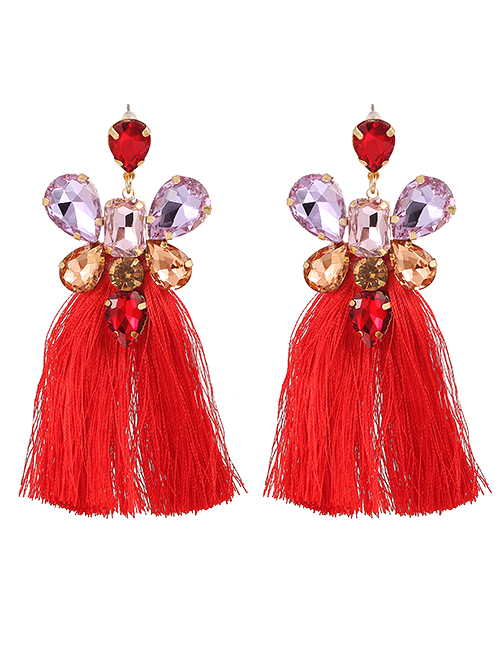 Fashion Red Alloy Diamond Drop Tassel Earrings
