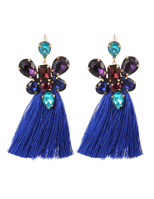Fashion Royal Blue Alloy Diamond Drop Tassel Earrings