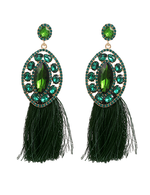 Fashion Dark Green Alloy Diamond Drop Tassel Earrings