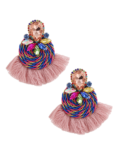 Fashion Light Pink Alloy Diamond Drop Braided Tassel Earrings