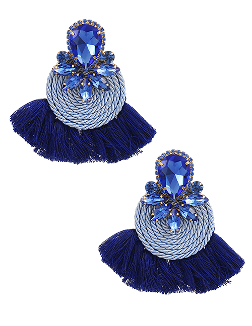 Fashion Royal Blue Alloy Diamond-studded Water Drop Braided Tassel Earrings