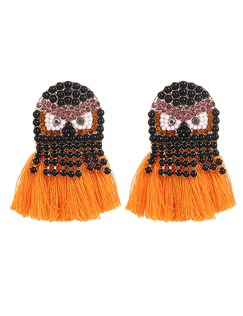 Fashion Orange Alloy Diamond Owl Tassel Stud Earrings