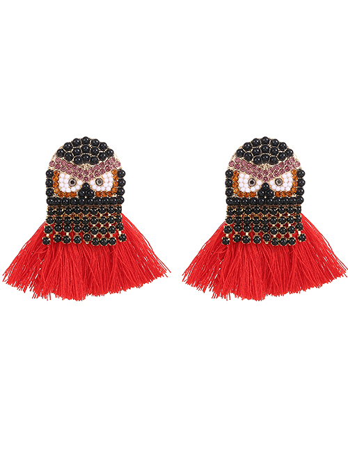 Fashion Red Alloy Diamond Owl Tassel Stud Earrings