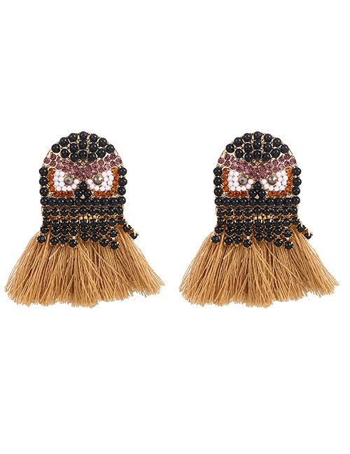 Fashion Khaki Alloy Diamond Owl Tassel Stud Earrings