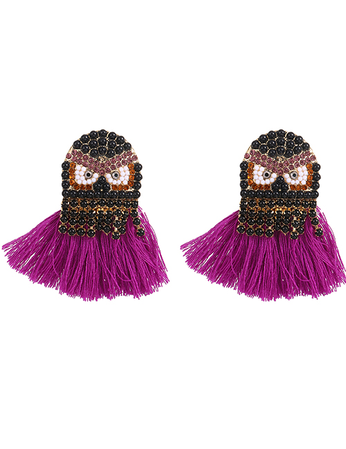 Fashion Purple Alloy Diamond Owl Tassel Stud Earrings