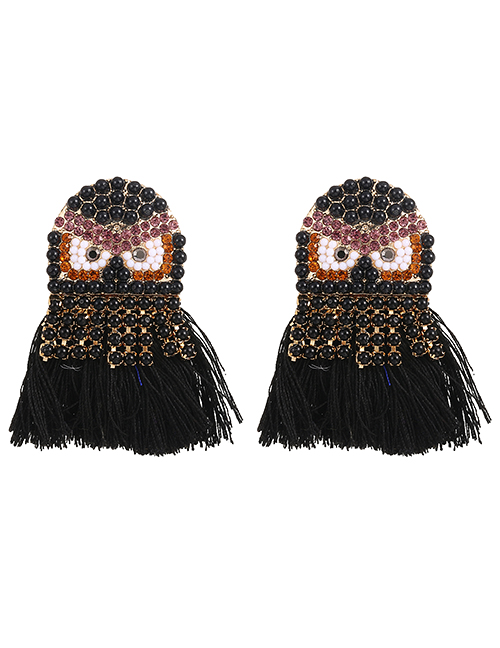 Fashion Black Alloy Diamond Owl Tassel Stud Earrings