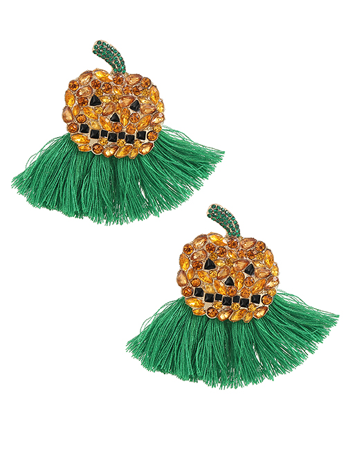Fashion Green Alloy Diamond Pumpkin Tassel Stud Earrings