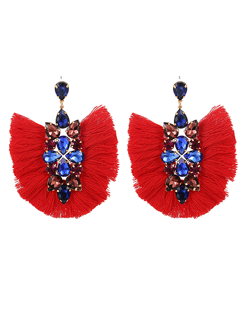 Fashion Red Alloy Diamond Geometric Tassel Stud Earrings