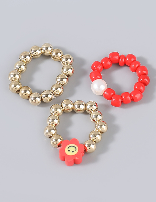 Fashion Red Three-piece Beaded Resin Floral Ring