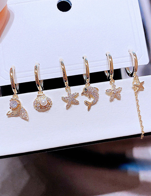 Fashion Gold Copper Inlaid Zirconium Fishtail Dolphin Starfish Earring Set