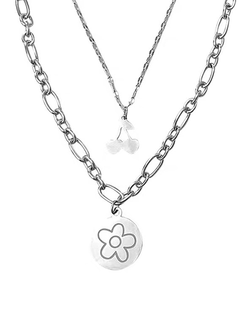 Fashion White Titanium Steel Flower Cherry Double Necklace