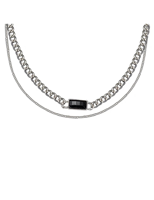 Fashion White Titanium Steel Square Diamond Chain Double Necklace