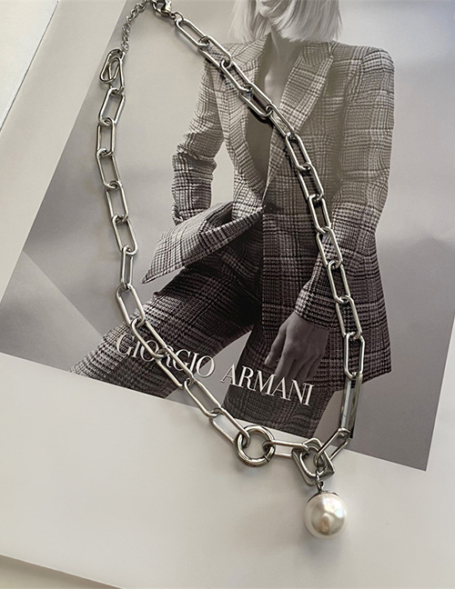 Fashion Silver Titanium Steel Thick Chain Pearl Necklace