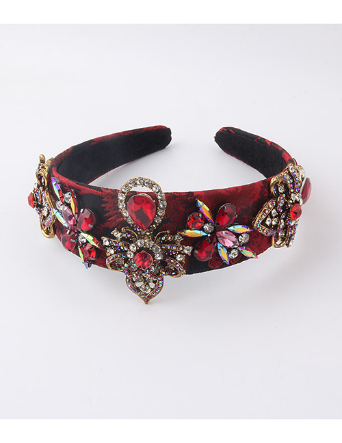 Fashion Rose Red Fabric Diamond-studded Geometric Flower Headband