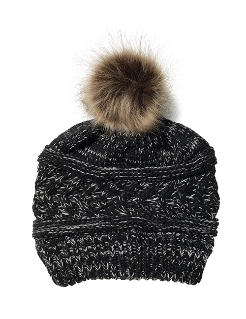 Fashion Black Flowers Knitted Hat With Ball