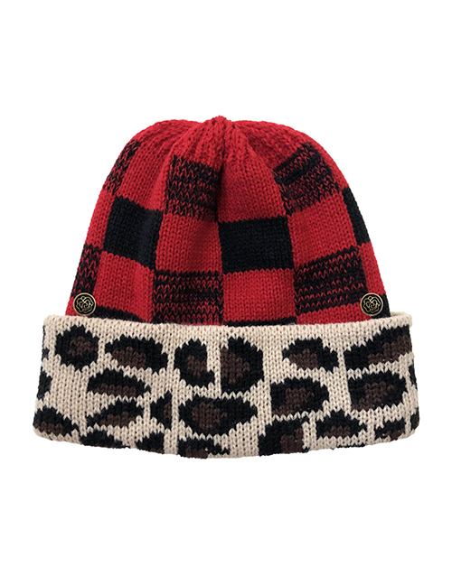 Fashion Leopard Red Check Christmas Leopard Plaid Crimped Knit Hat
