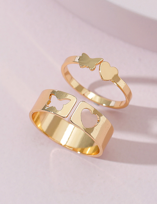 Fashion Gold Alloy Hollow Butterfly Peach Heart Ring Set