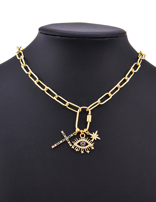 Fashion Gold Color Copper Inlaid Zirconium Eye Cross Necklace