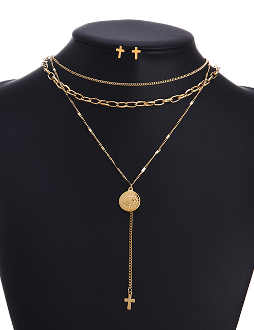Fashion Gold Color Titanium Steel Eye Cross Y-shaped Necklace And Earrings Multilayer Set