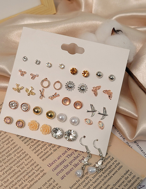 Fashion Gold Alloy Diamond Pearl Flower Geometric Stud Earring Set