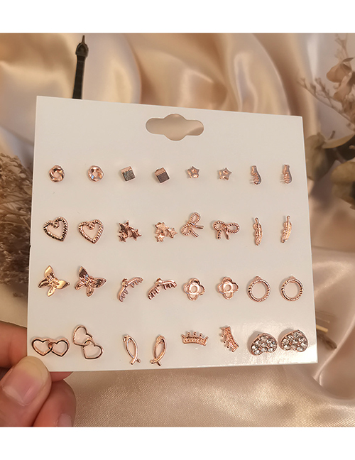 Fashion Gold Alloy Diamond Love Bowknot Flower Earring Set