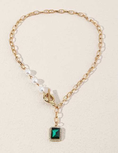 Fashion Dark Green Alloy Inlaid Square Diamond Necklace