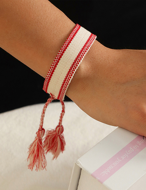 Fashion White Red Ribbon Braided Tassel Bracelet