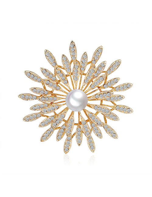 Fashion Gold Alloy Diamond Pearl Flower Brooch
