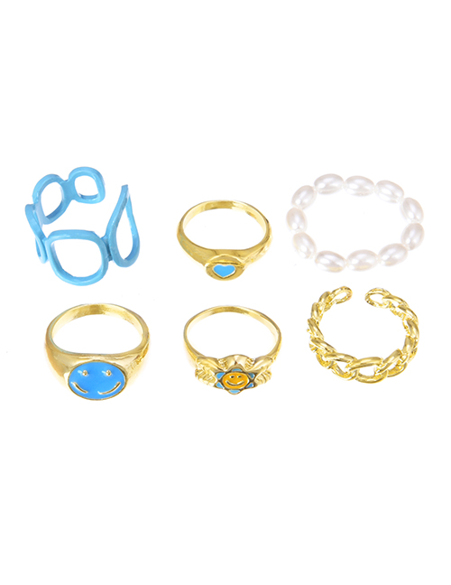 Fashion Blue Alloy Drip Oil Smiley Face Ring Set