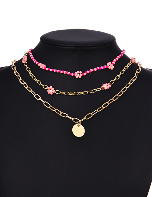 Fashion Rose Red Alloy Chain Rice Bead Multilayer Necklace