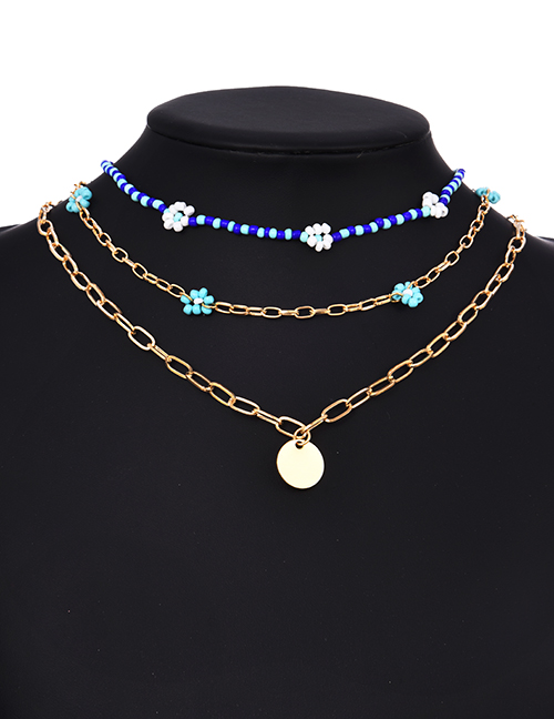 Fashion Blue Alloy Chain Rice Bead Multilayer Necklace
