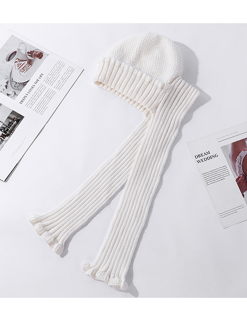 Fashion Milky White Rabbit Fur Knit Scarf And Ear Protection Cap One-piece Kit