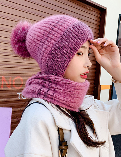 Fashion Leather Purple Hair Ball Knitted Scarf All-in-one Kit