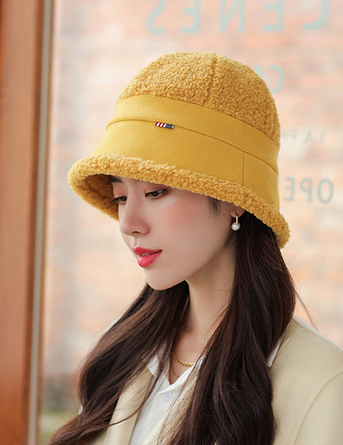 Fashion Yellow Lamb Wool Stitching Fisherman Hat