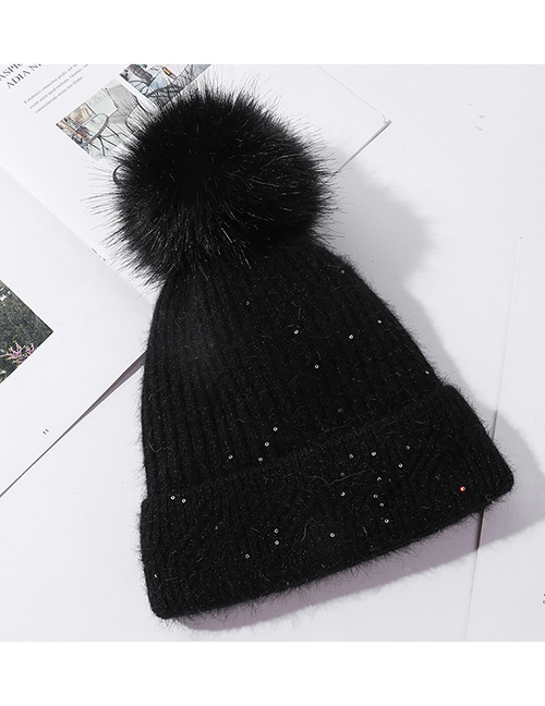 Fashion Black Wool Ball Sequin Knitted Woolen Hat