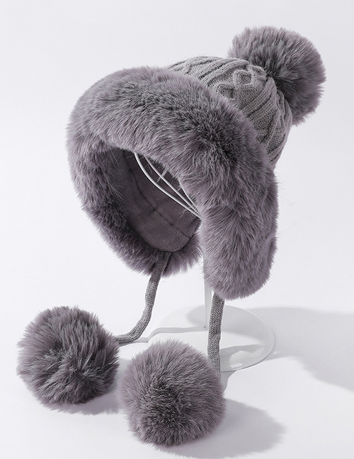 Fashion Grey Knitted Plus Fleece Collar Warm Hat Suit