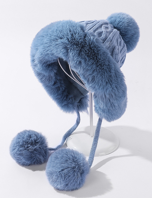 Fashion Blue Knitted Plus Fleece Collar Warm Hat Suit