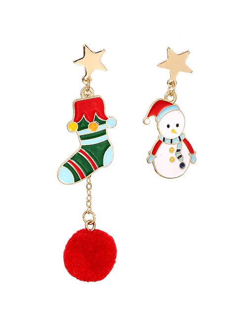 Fashion Snowman + Christmas Stocking Christmas Fur Ball Snowman Christmas Stocking Asymmetrical Earrings