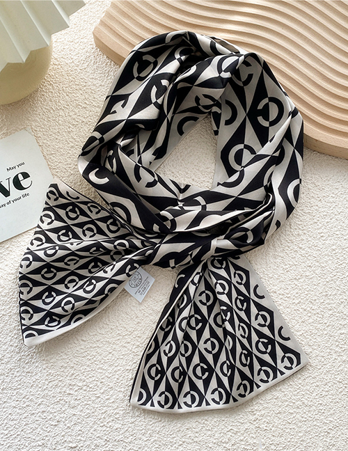 Fashion Color Matching C Black Rice Printed Long Ribbon Silk Scarf