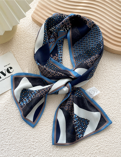Fashion Geometric Flower Fight Blue Printed Long Ribbon Silk Scarf