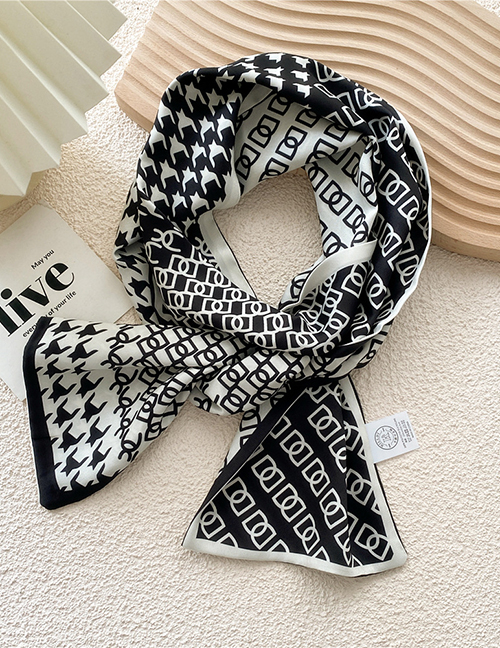 Fashion Houndstooth Button Black And White Printed Long Ribbon Silk Scarf