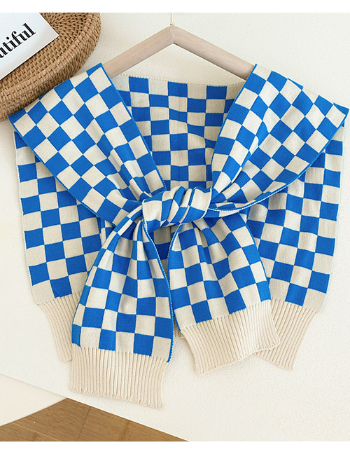 Fashion Two-color Grid Blue Checkered Knotted Knit Shawl