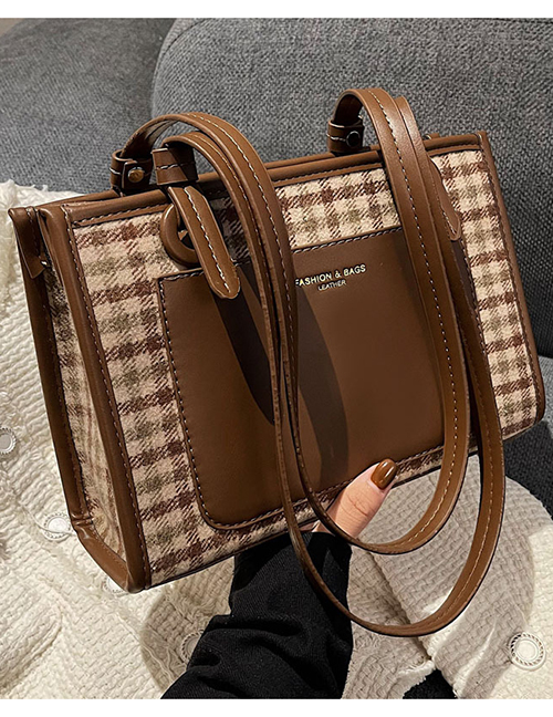 Fashion Brown Large-capacity Patch Pocket Checked Shoulder Bag